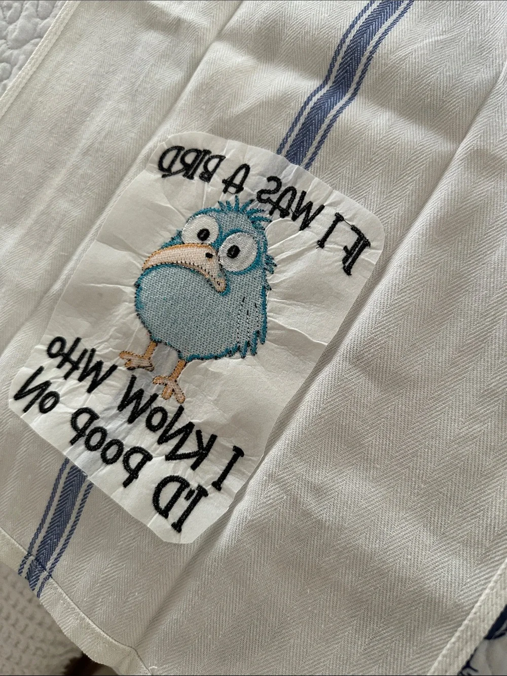 Unbranded Blue Bird Humorous Kitchen Towel -Blue custom machine embroidered NWOT